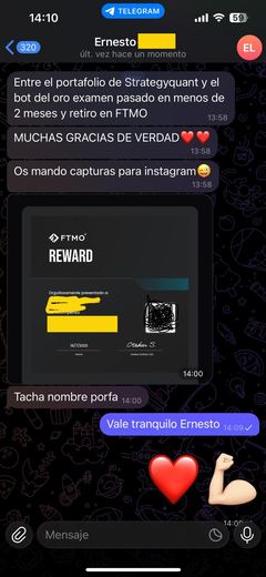 Conversación de Telegram con Ernesto, que adjunta su certificado de recompensa de FTMO del 16 de julio de 2025. El importe va tachado, y su apellido también en la cabecera del chat porque él mismo lo pidió en esa conversación.