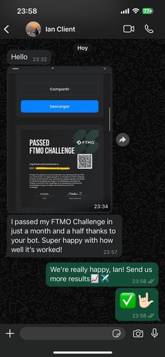 Conversación de WhatsApp en inglés con Ian, que adjunta su certificado de FTMO Challenge superado del 5 de abril de 2024 y cuenta que lo pasó en mes y medio.