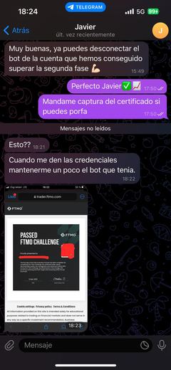 Conversación de Telegram con Javier avisando de que ha superado la segunda fase, con una captura de trader.ftmo.com donde se ve el certificado de FTMO Challenge superado del 13 de marzo de 2025.